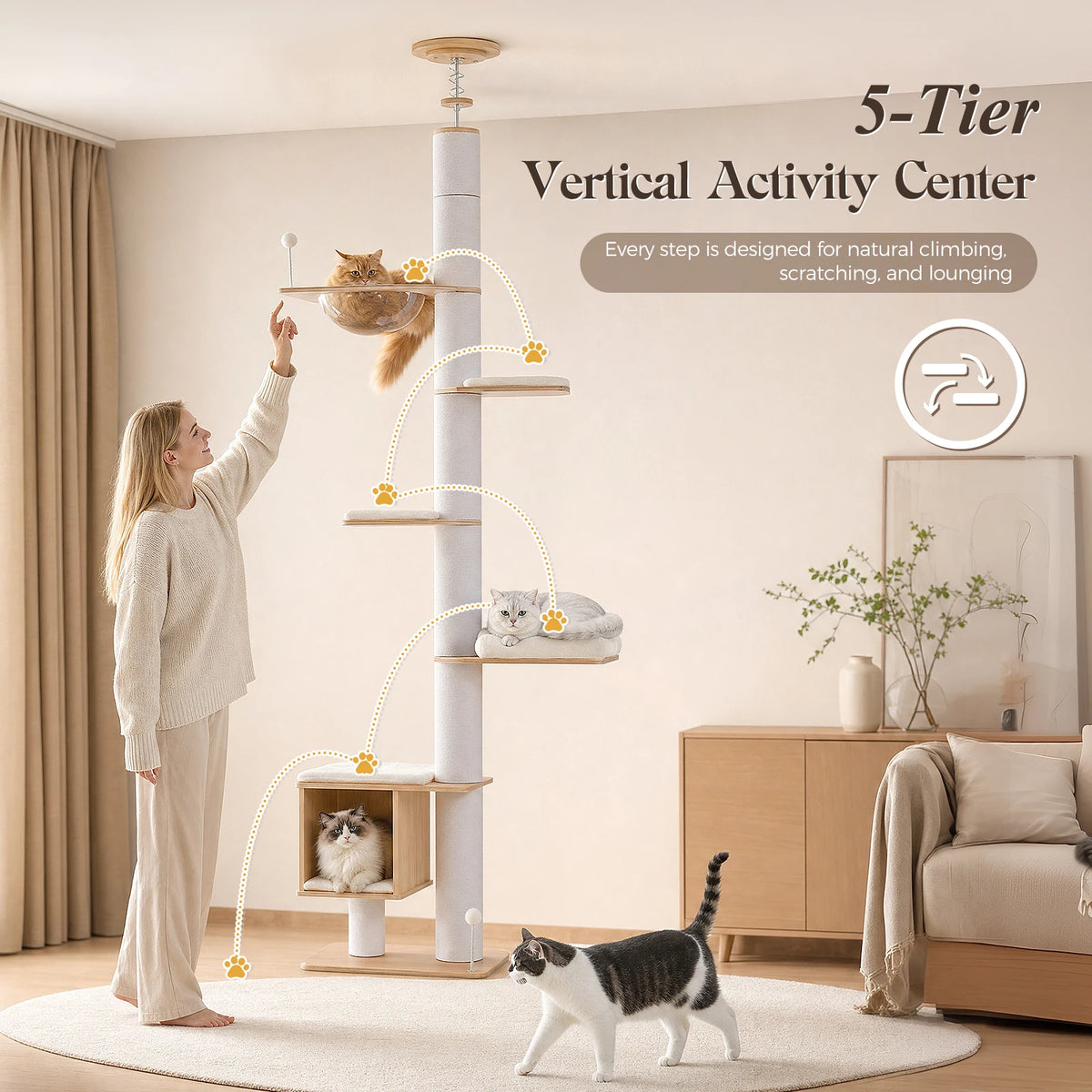 Floor-to-Ceiling Wood Cat Tree Tower with Clear Capsule & Large Condo