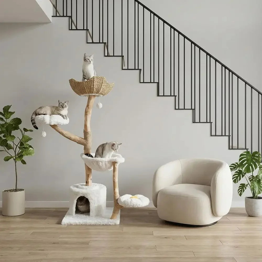 59" Natural Wood Cat Tree Tower with Real Branch & Wicker Basket Bed — Cloud White