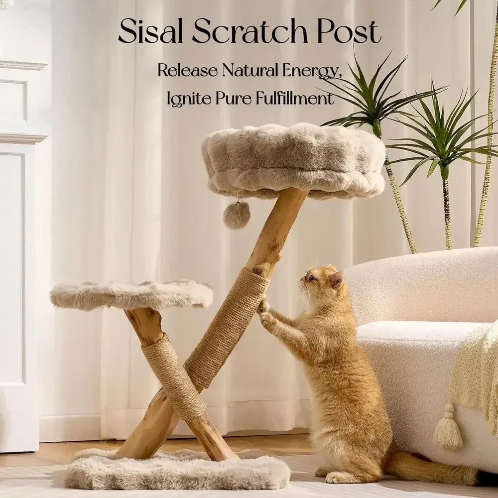 33" Solid Wood Cat Tree Tower with Natural Branch & Hanging Toy