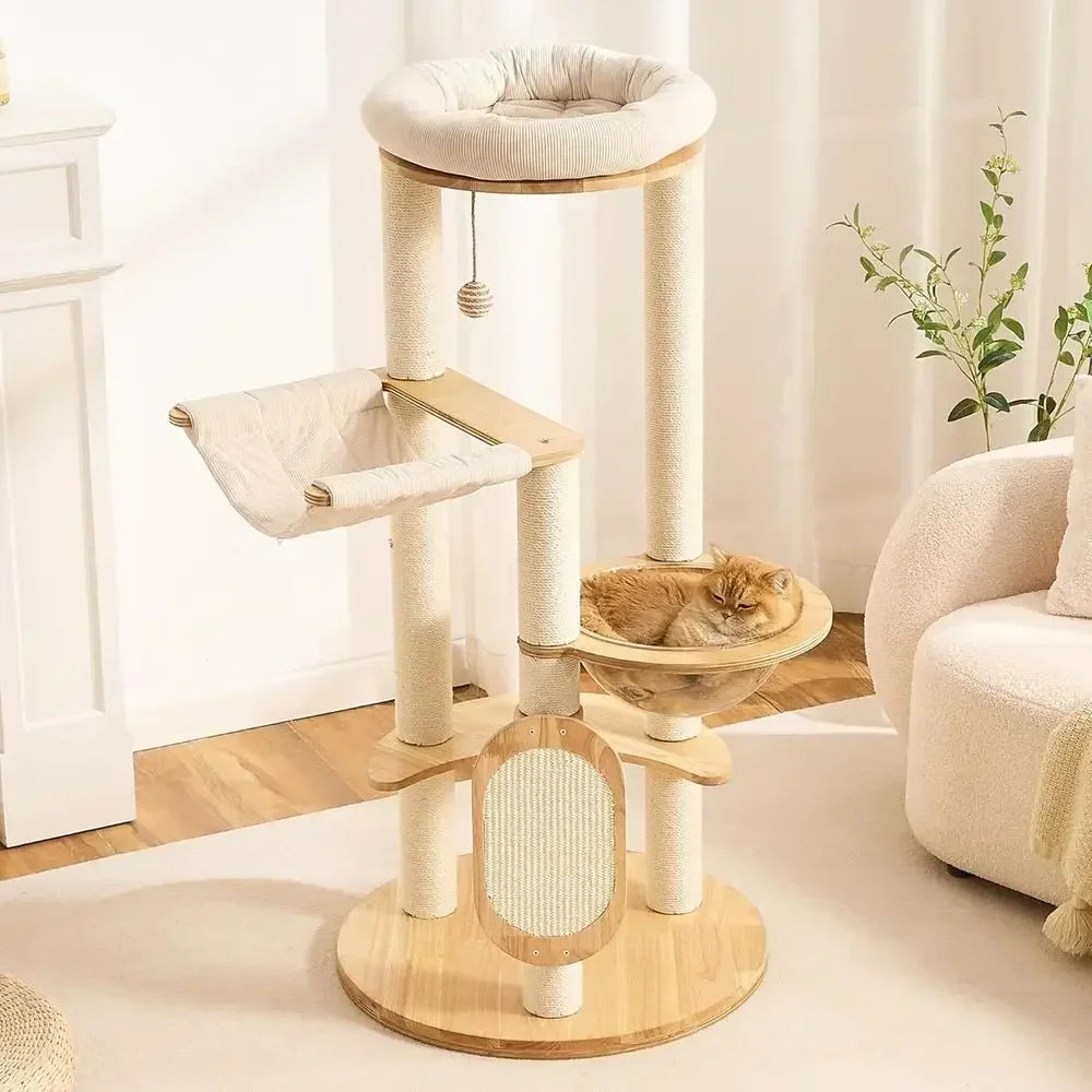 49" Solid Wood Cat Tree Tower with Hammock, Bed & Toys