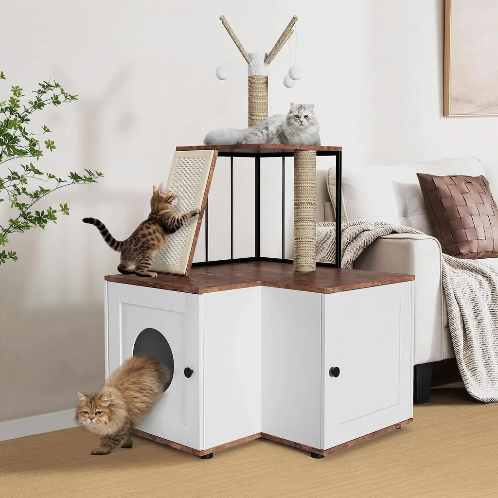 Wood L-Shaped Cat Corner Tree with Storage Cabinet