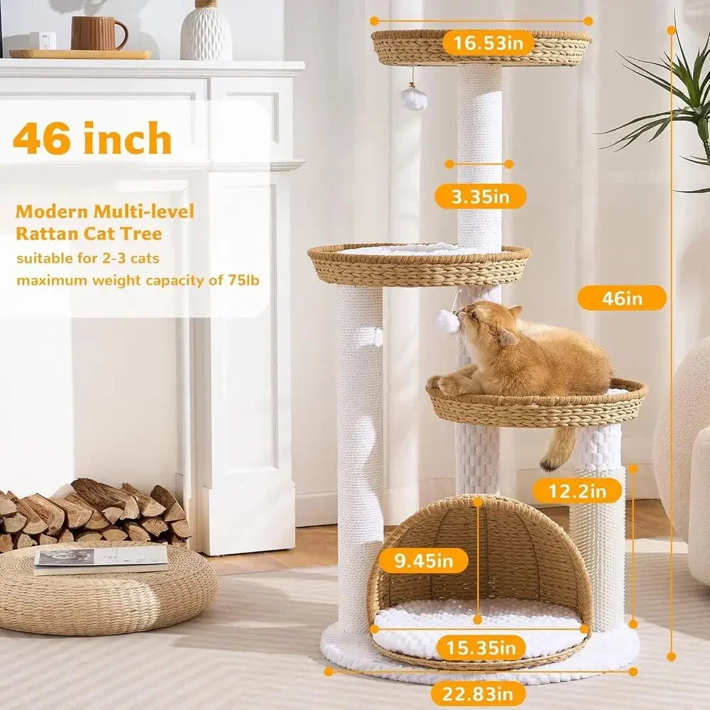 46" Multi-Level Indoor Cat Tree Tower with Handwoven Basket Beds
