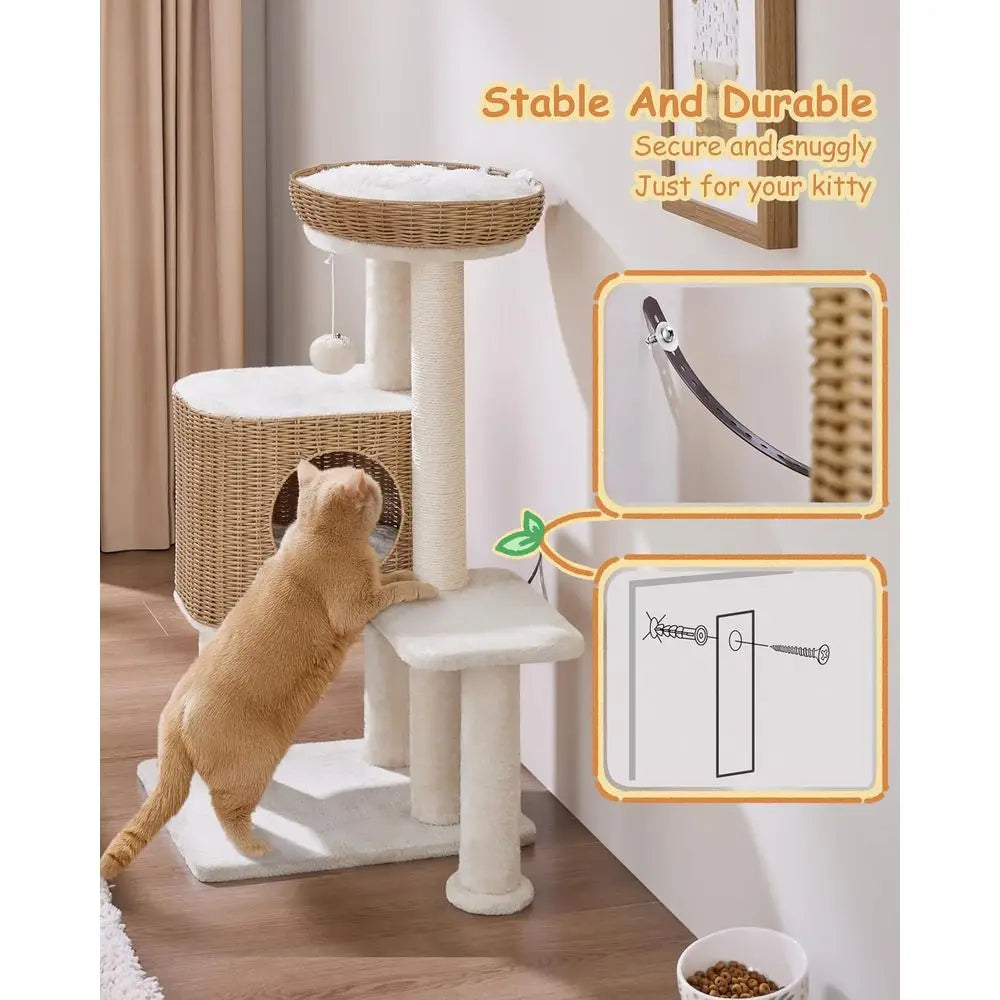 36" Woven Rattan Cat Tree Tower with XL Condo & Elevated Perch