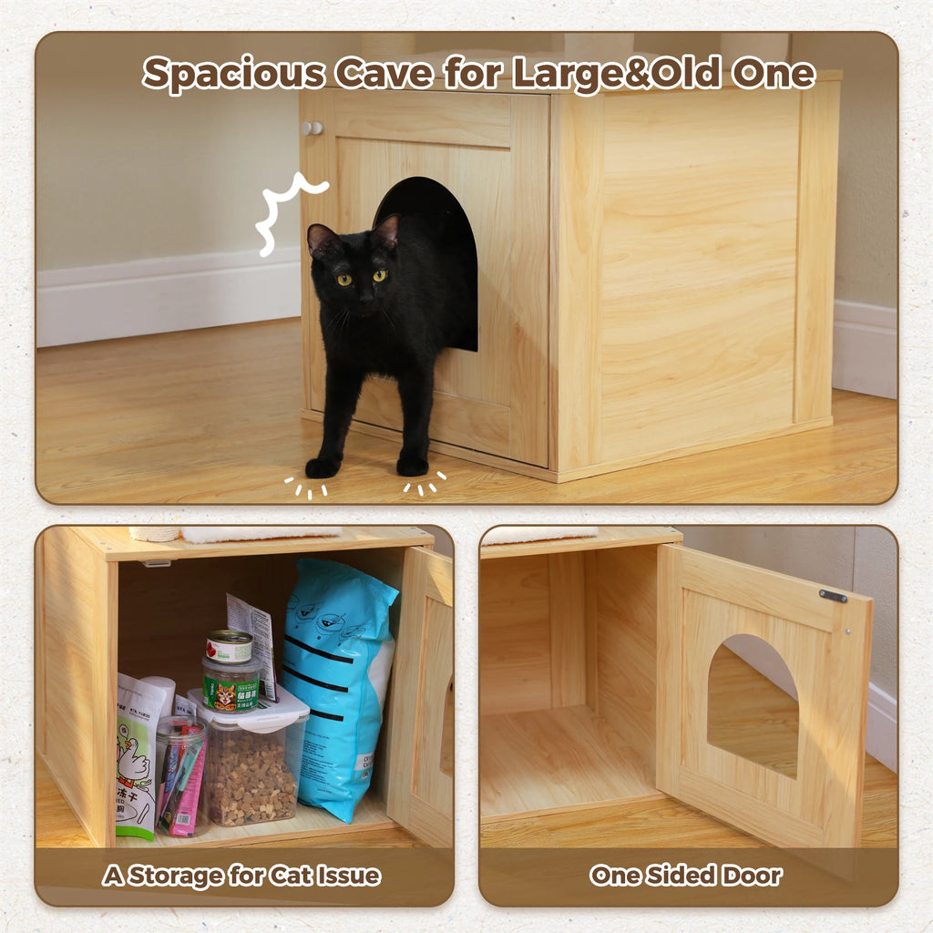 Wood Cat Tree Tower with Storage Cabinet, Condo & Hammock