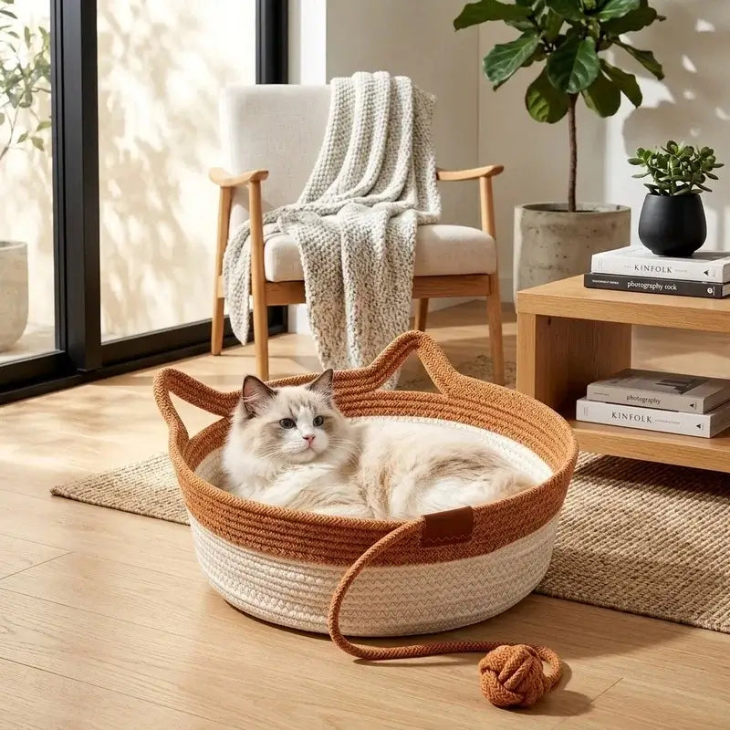 Handwoven Cotton Rope Cat Basket Bed with Ear Handles & Ball Toy