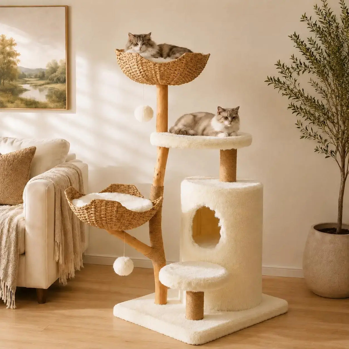 52.2" Real Wood Cat Tree with Woven Basket Beds & White Plush