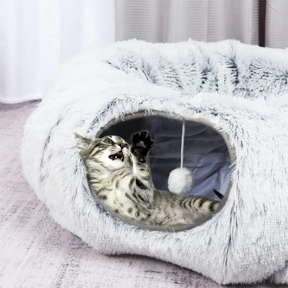 2-in-1 Plush Cat Tunnel Bed