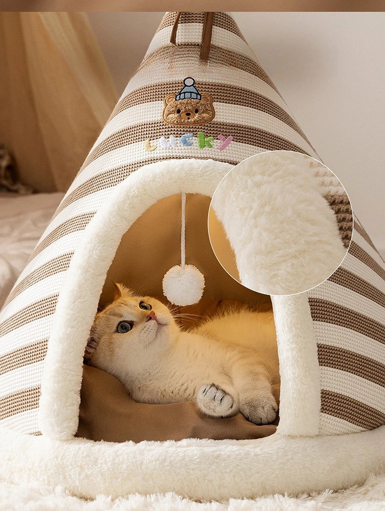 Self-Warming Plush Cat Tent Bed with Washable Cover