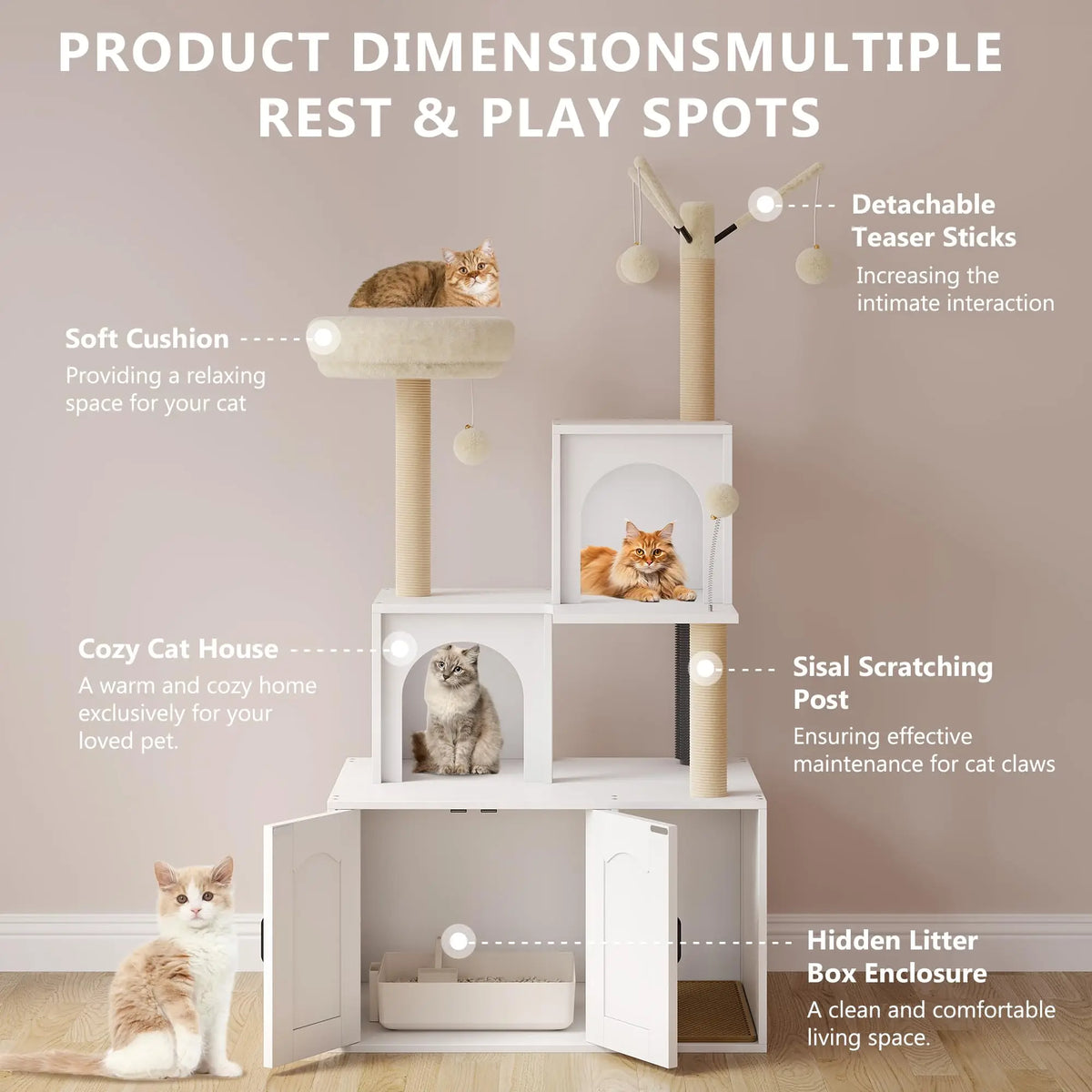 2-in-1 Cat Tree Tower with Litter Box Enclosure & Storage — White