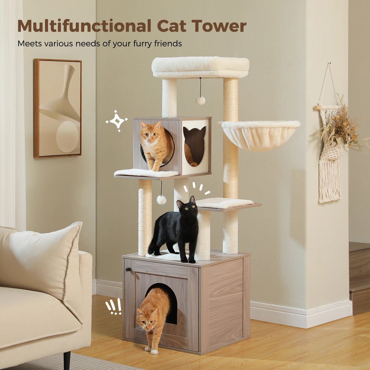 Wood Cat Tree Tower with Storage Cabinet, Condo & Hammock