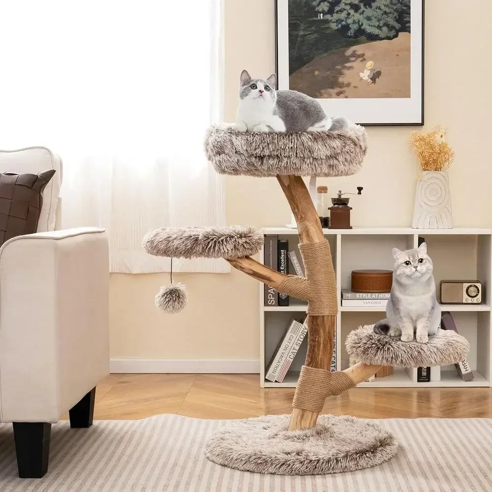 Multi-Level Wood Cat Tree Tower with Natural Branch & Plush Perch for Kittens