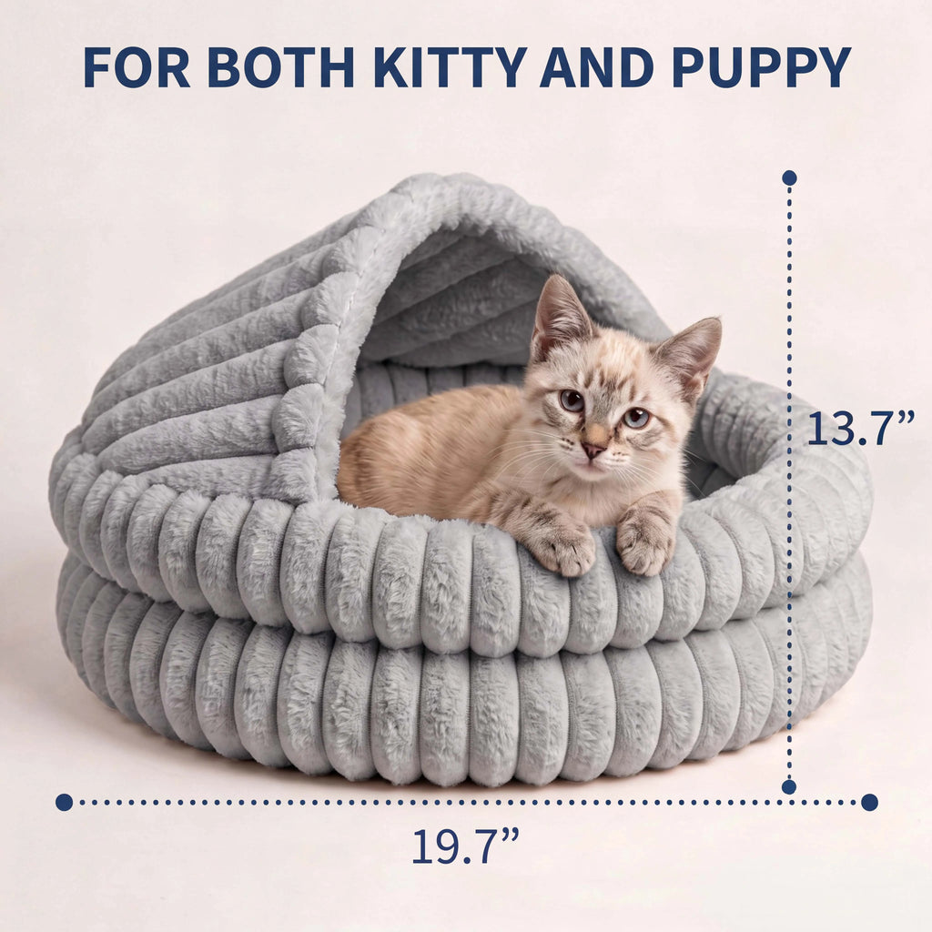 Soft Hooded Cat Cave Bed with Self-Warming Cushion & Non-Slip Bottom