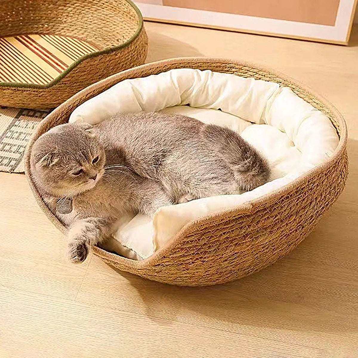 Cat Bed Hand-Woven Cotton Rope Cat Basket All Season Indoor Weaving Pet Resting Scratching Sleeping Furniture for All Breeds