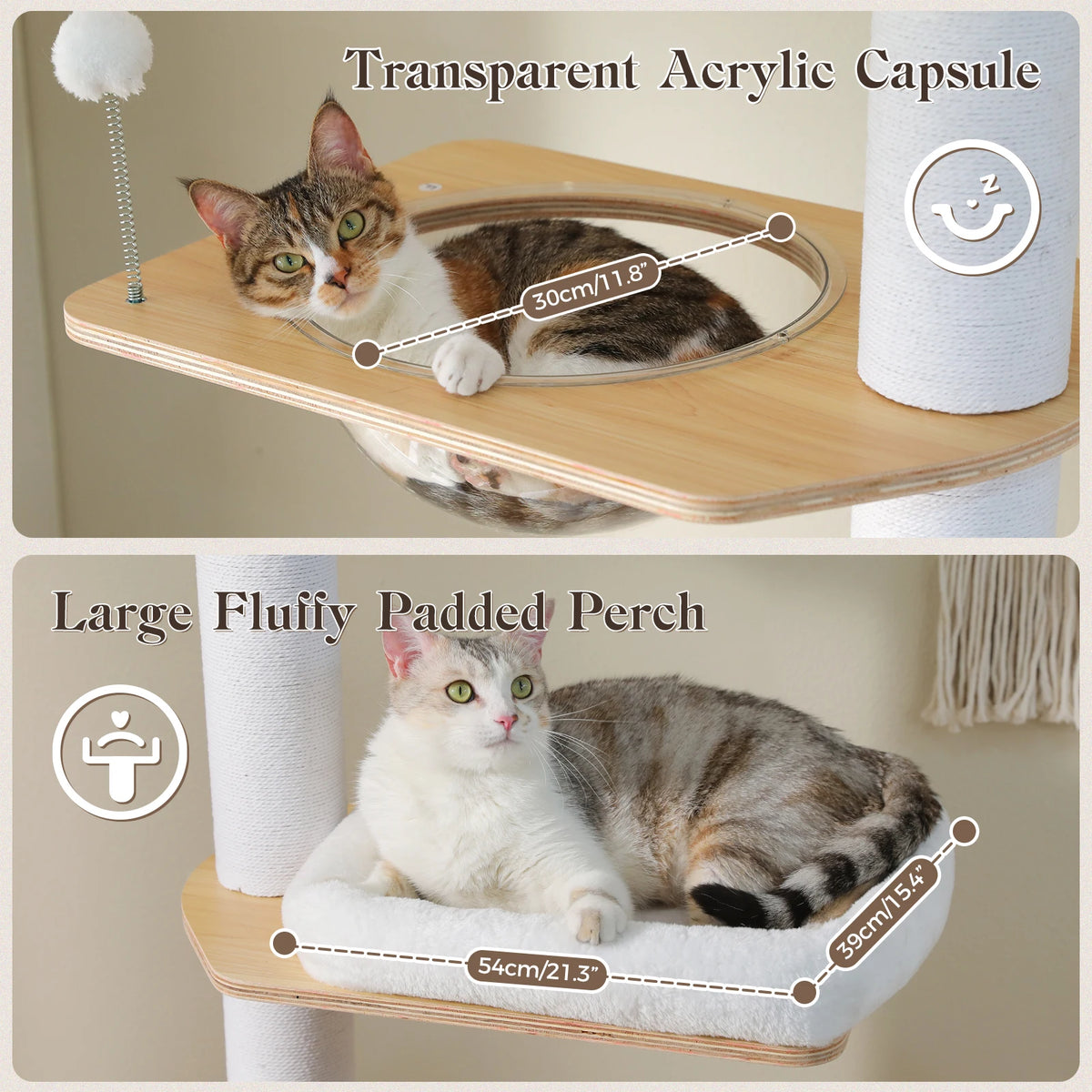 Floor-to-Ceiling Wood Cat Tree Tower with Clear Capsule & Large Condo