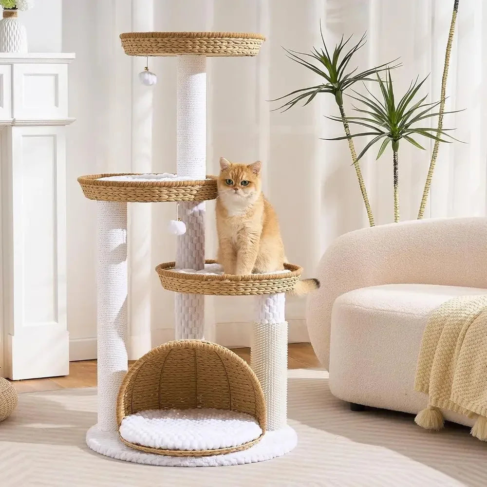 46" Multi-Level Indoor Cat Tree Tower with Handwoven Basket Beds
