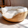 Four-Season Bamboo Weaving Pet Bed Basket with Removable Cushion