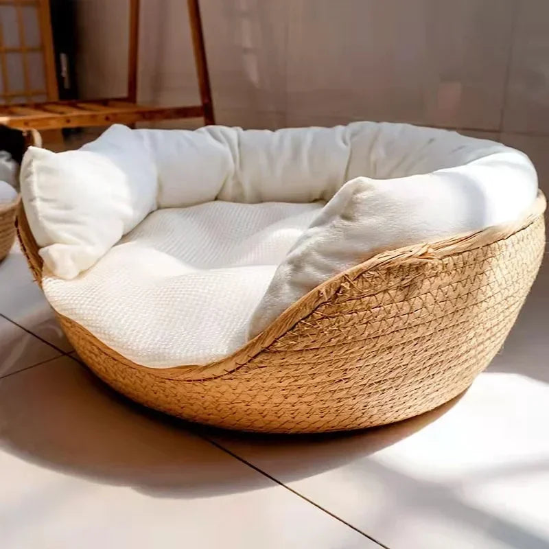 Four-Season Bamboo Weaving Pet Bed Basket with Removable Cushion