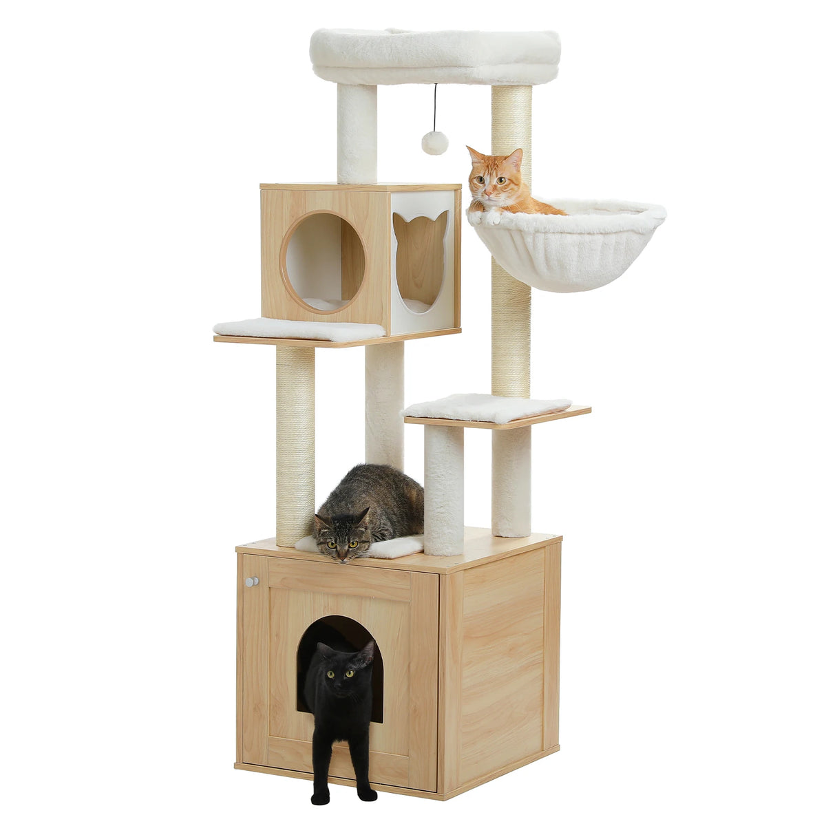 Wood Cat Tree Tower with Storage Cabinet, Condo & Hammock
