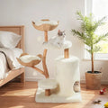 54" Bohemian Natural Wood Cat Tree with Handwoven Basket Beds — White