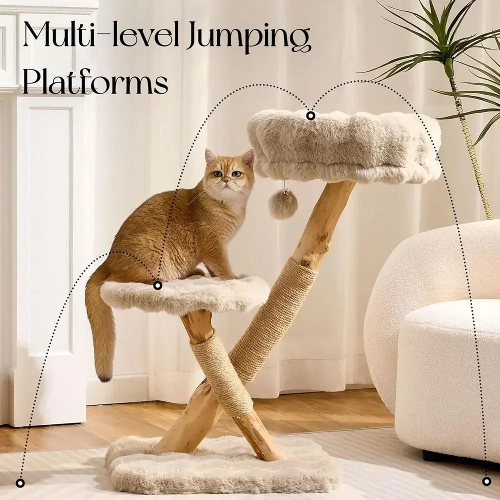 33" Solid Wood Cat Tree Tower with Natural Branch & Hanging Toy