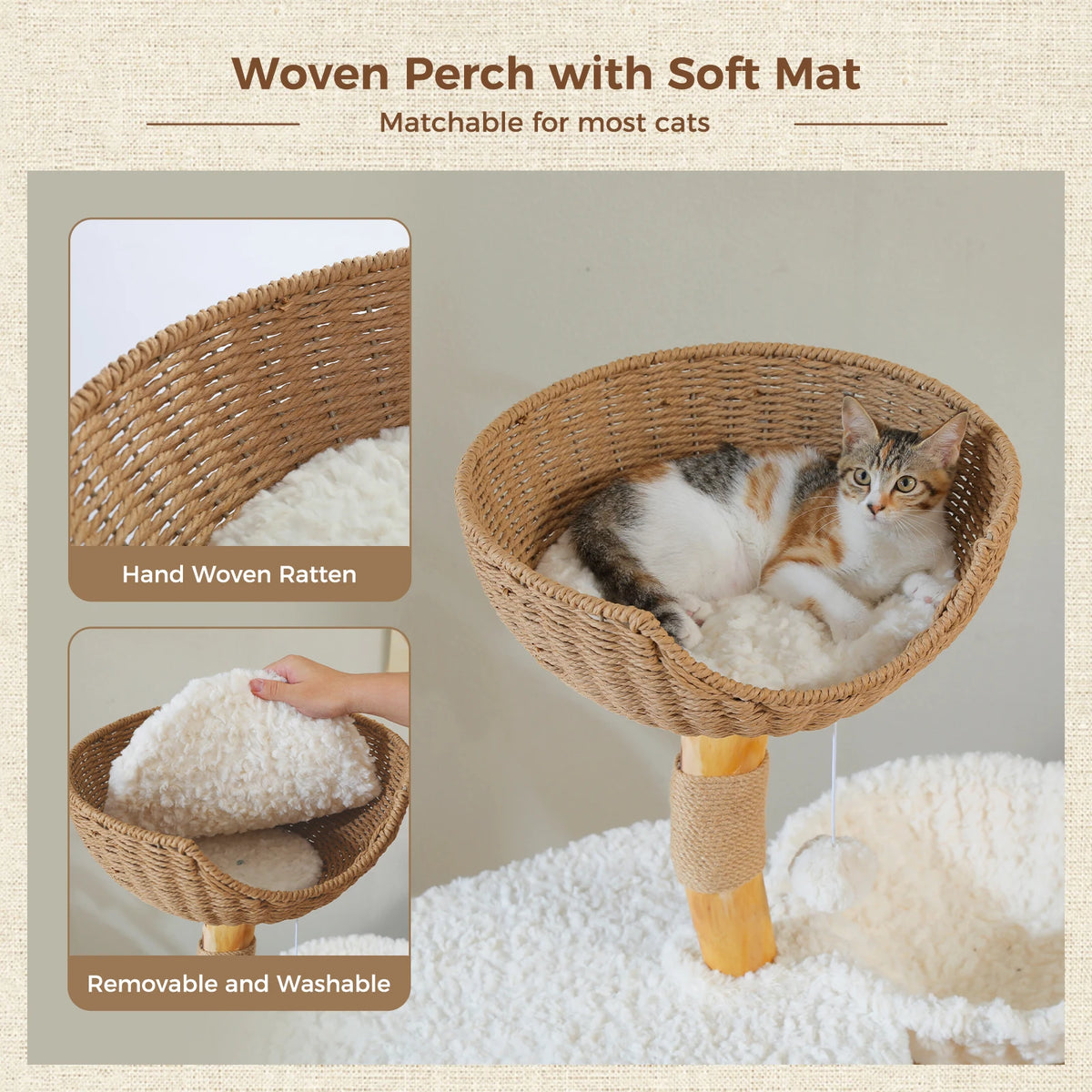 Modern Wood Cat Tree Tower with Flower Bed, Luxury Condo & Hammock
