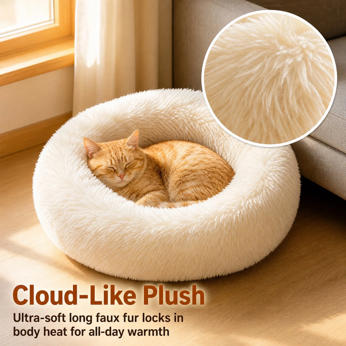 Calming Plush Cat Bed, Round Faux Fur Donut Dog Bed for Deep Sleep, Warm Cozy Pet Cushion for Small Medium Kitten Puppy, S-XL