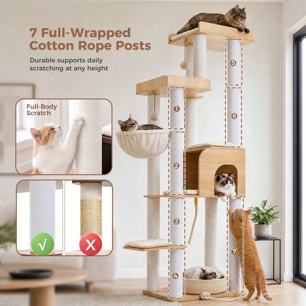 Tall Modern Wood Cat Tree Tower with Detachable Woven Basket Bed