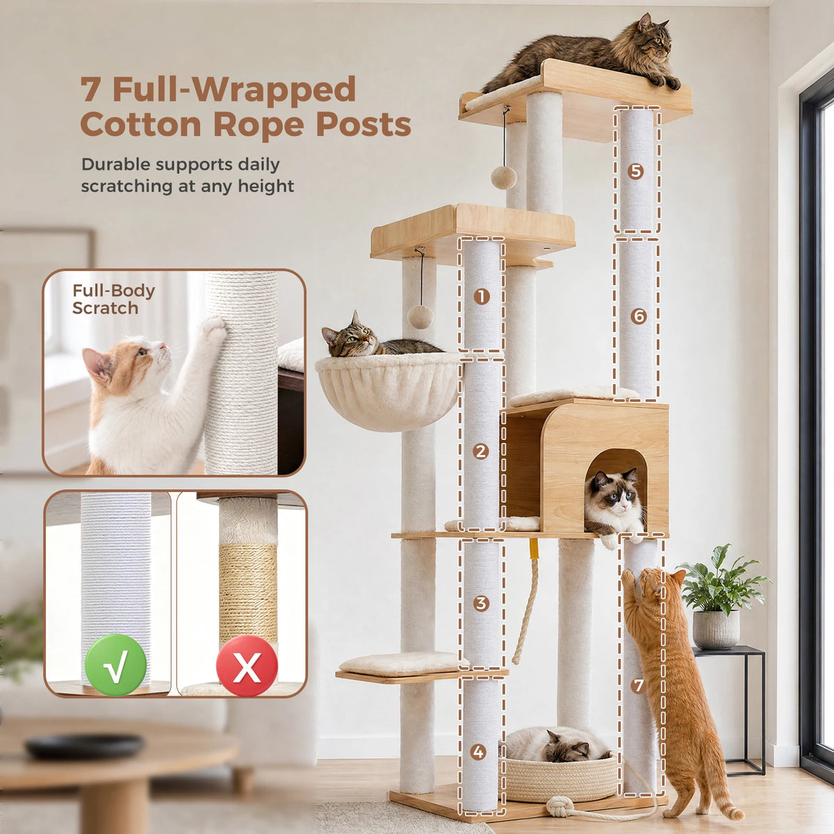 Tall Modern Wood Cat Tree Tower with Detachable Woven Basket Bed