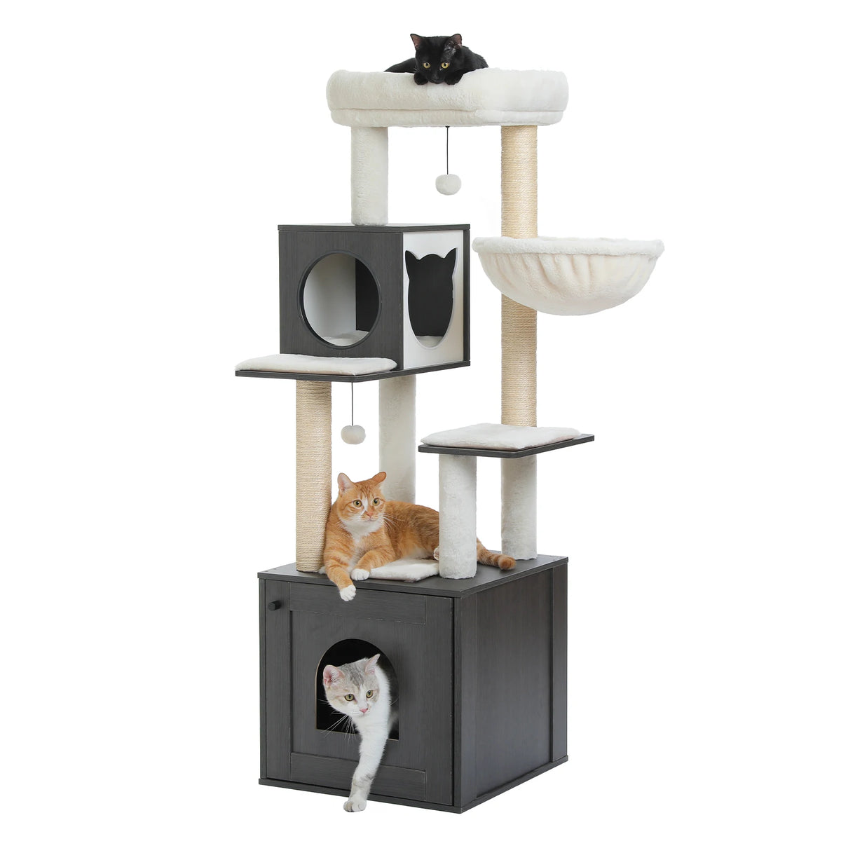 Wood Cat Tree Tower with Storage Cabinet, Condo & Hammock