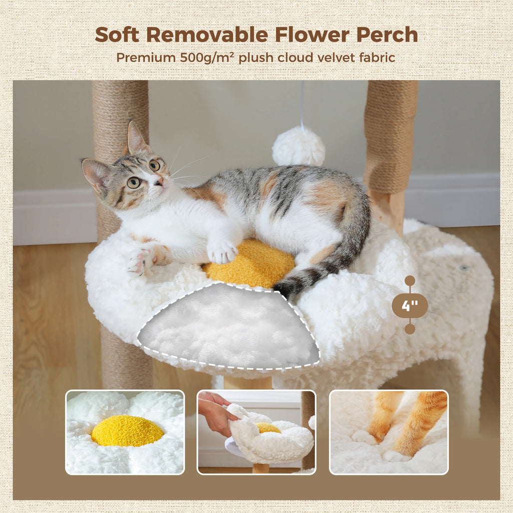 Modern Wood Cat Tree Tower with Flower Bed, Luxury Condo & Hammock