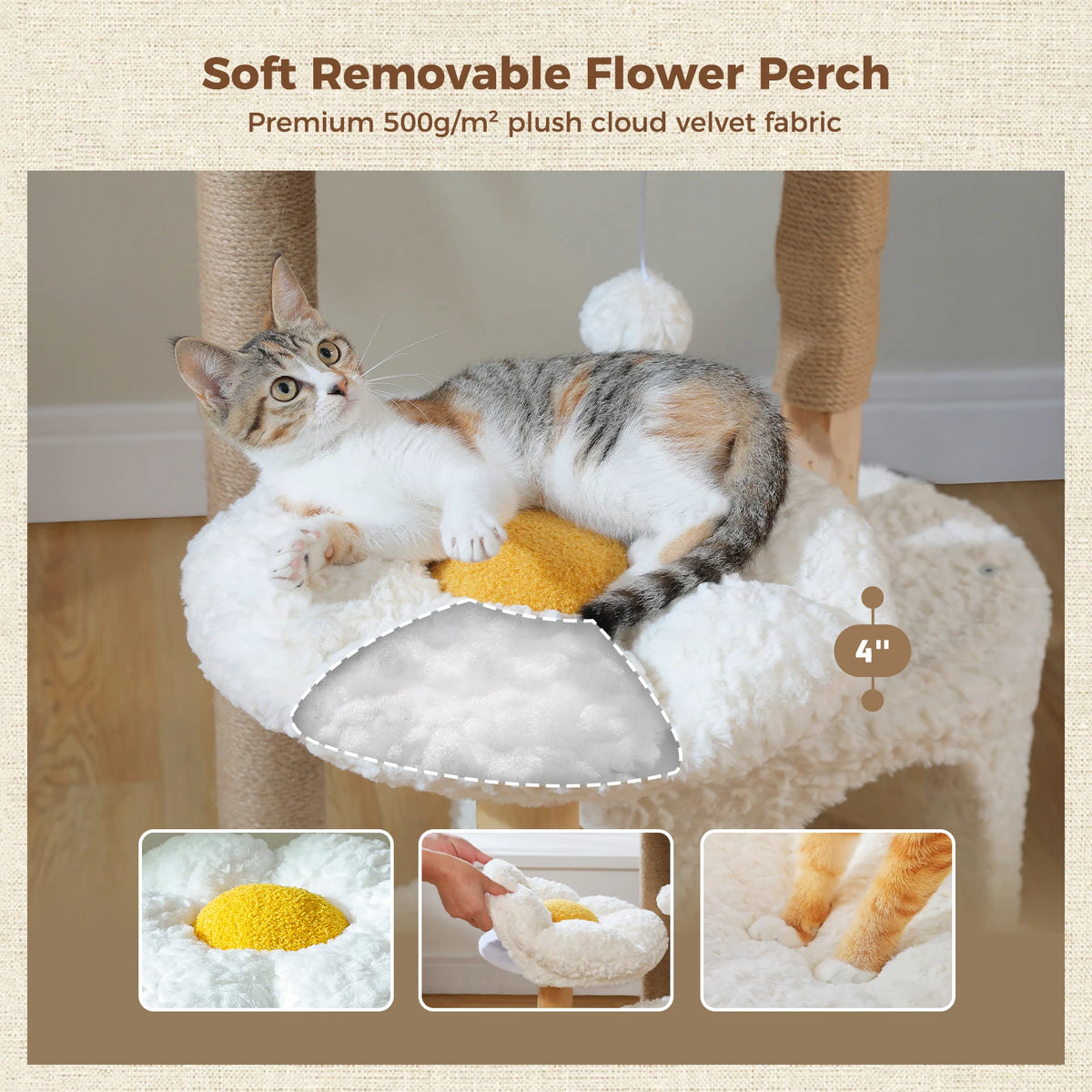 Modern Wood Cat Tree Tower with Flower Bed, Luxury Condo & Hammock
