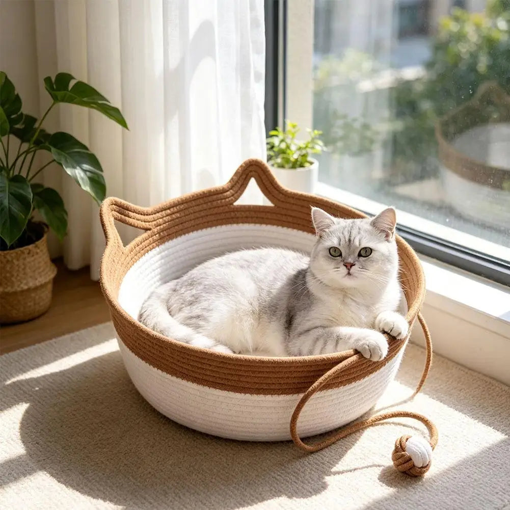 Cotton Rope Cat Basket Bed with Interactive Ball Woven Scratchable Sleeping Bowl for Indoor Cats Kittens Modern Home