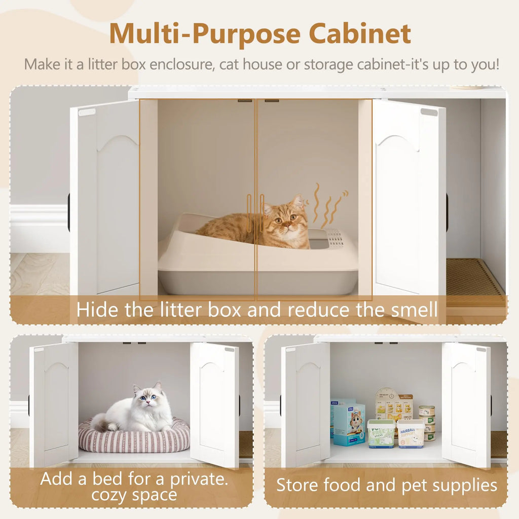 2-in-1 Cat Tree Tower with Litter Box Enclosure & Storage — White