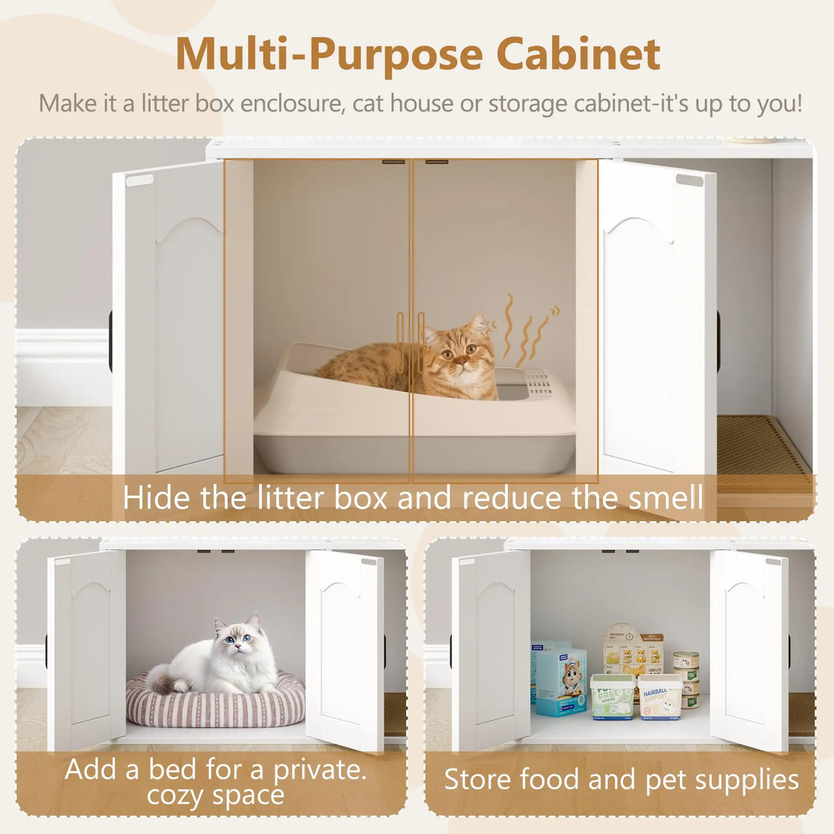 2-in-1 Cat Tree Tower with Litter Box Enclosure & Storage — White