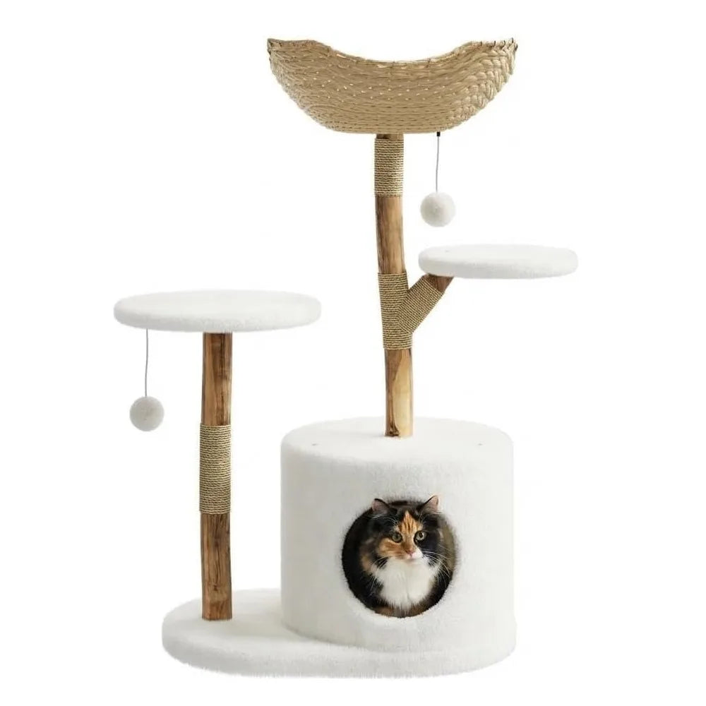43" Modern Wooden Cat Tree Tower with Woven Rattan & Dual Perches