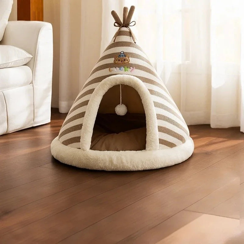 Self-Warming Plush Cat Tent Bed with Washable Cover
