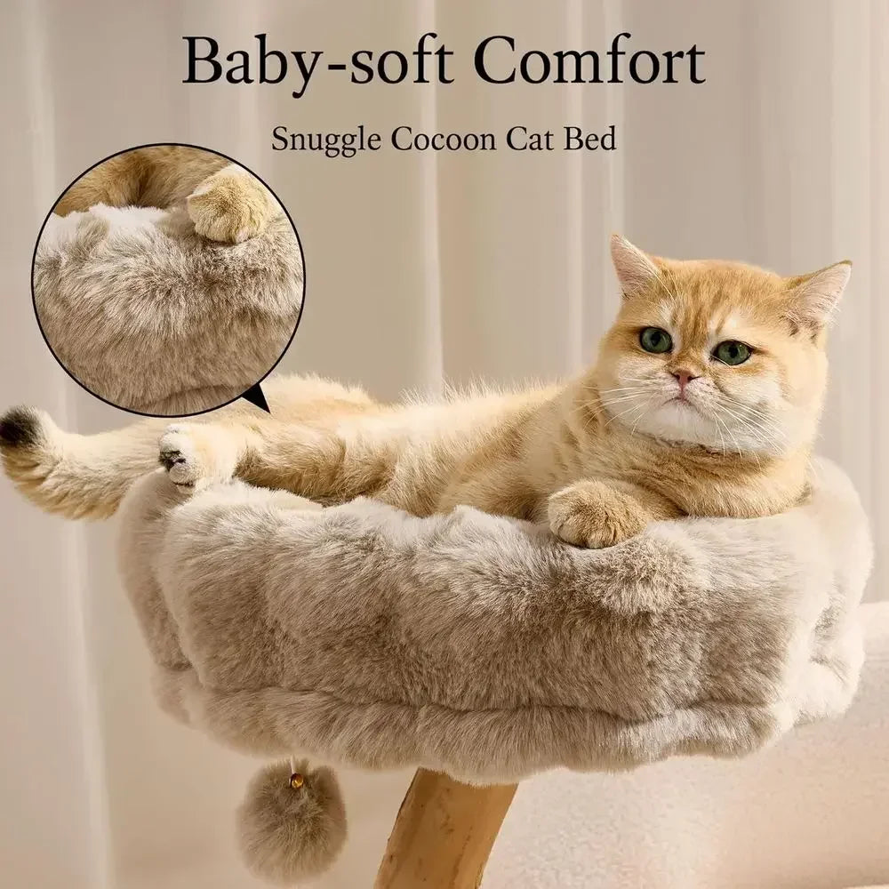 33" Solid Wood Cat Tree Tower with Natural Branch & Hanging Toy