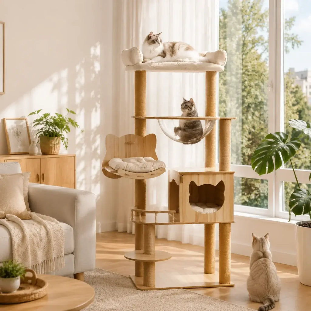 5-Tier 55" Wood Cat Tree Tower with Clear Space Capsule & Hammock