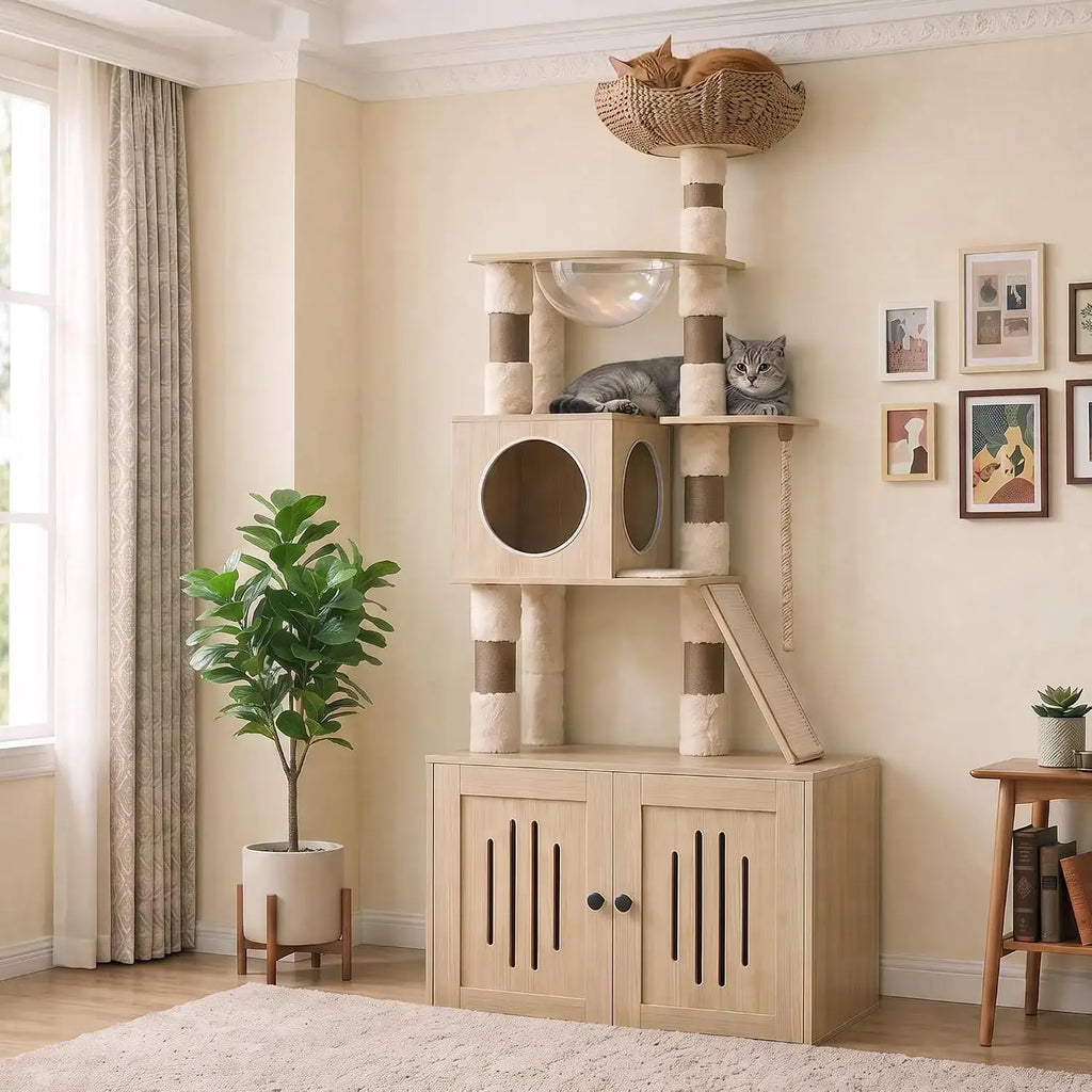 66.9" All-in-One Cat Tree Tower with Hidden Litter Box Enclosure Cabinet