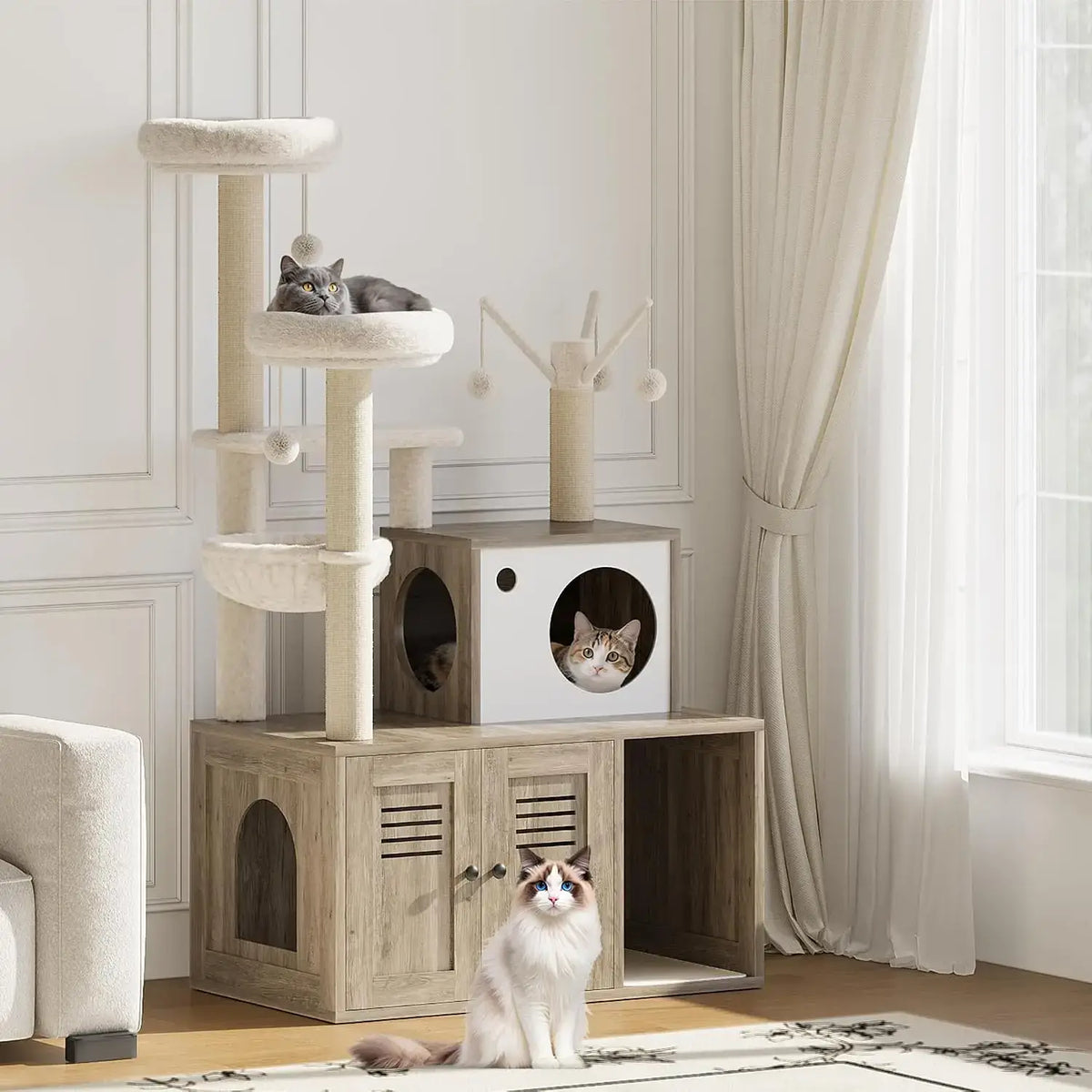 55.1" Cat Litter Box Enclosure Cabinet with Integrated Cat Tree