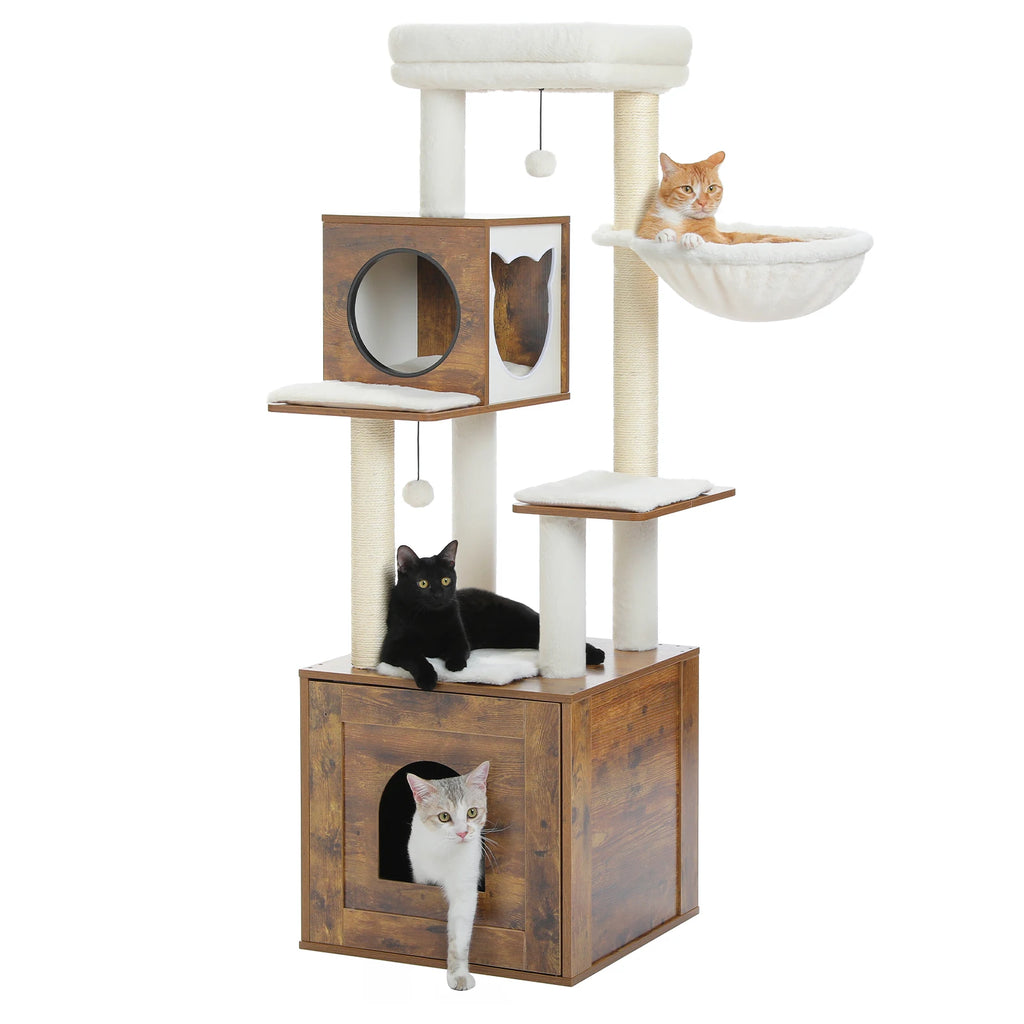 Wood Cat Tree Tower with Storage Cabinet, Condo & Hammock