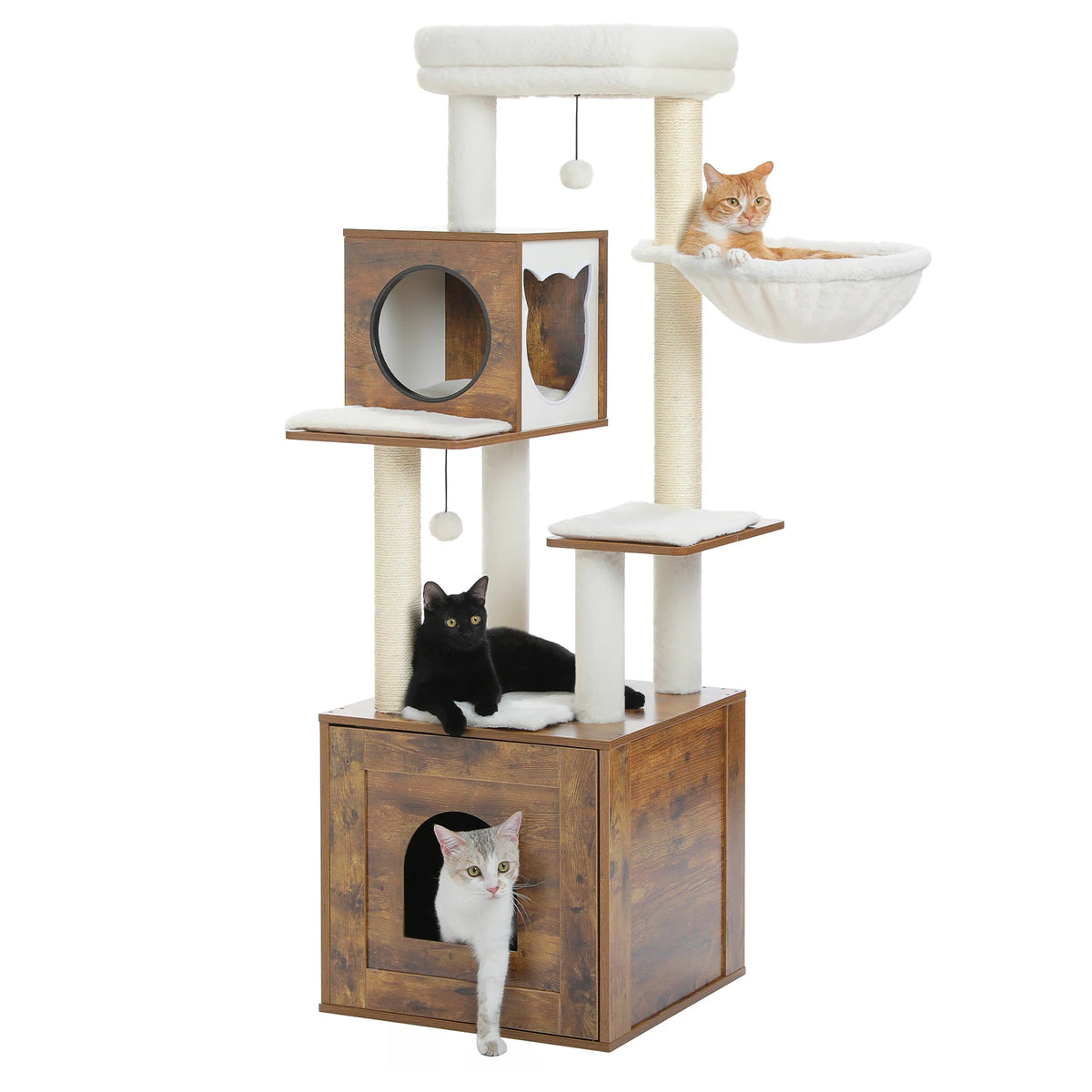 Wood Cat Tree Tower with Storage Cabinet, Condo & Hammock