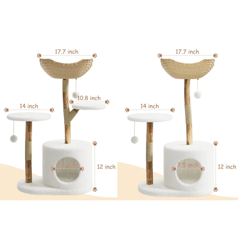 43" Modern Wooden Cat Tree Tower with Woven Rattan & Dual Perches