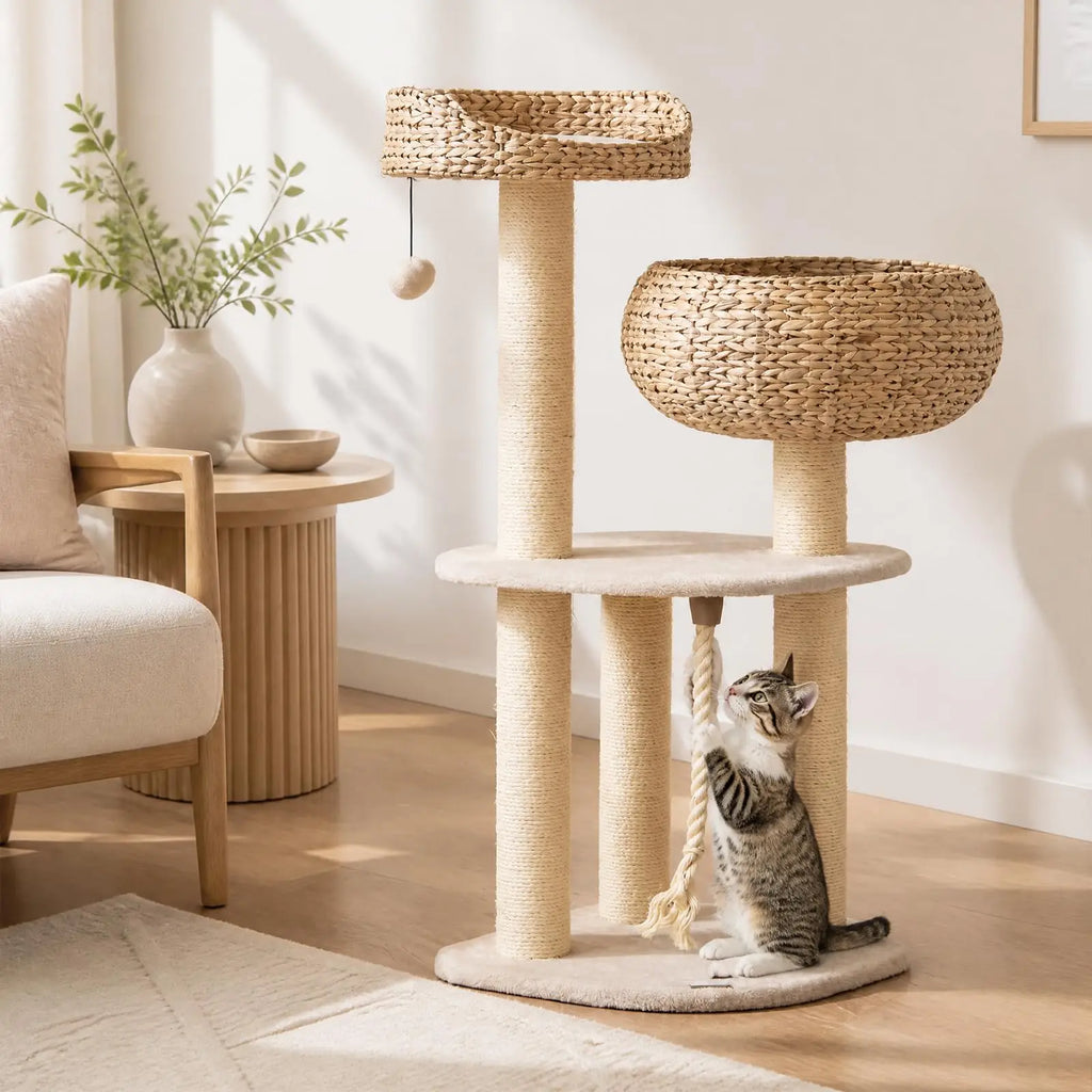 41" Multi-Level Hand-Woven Water Hyacinth Cat Tree with 5 Sisal Posts