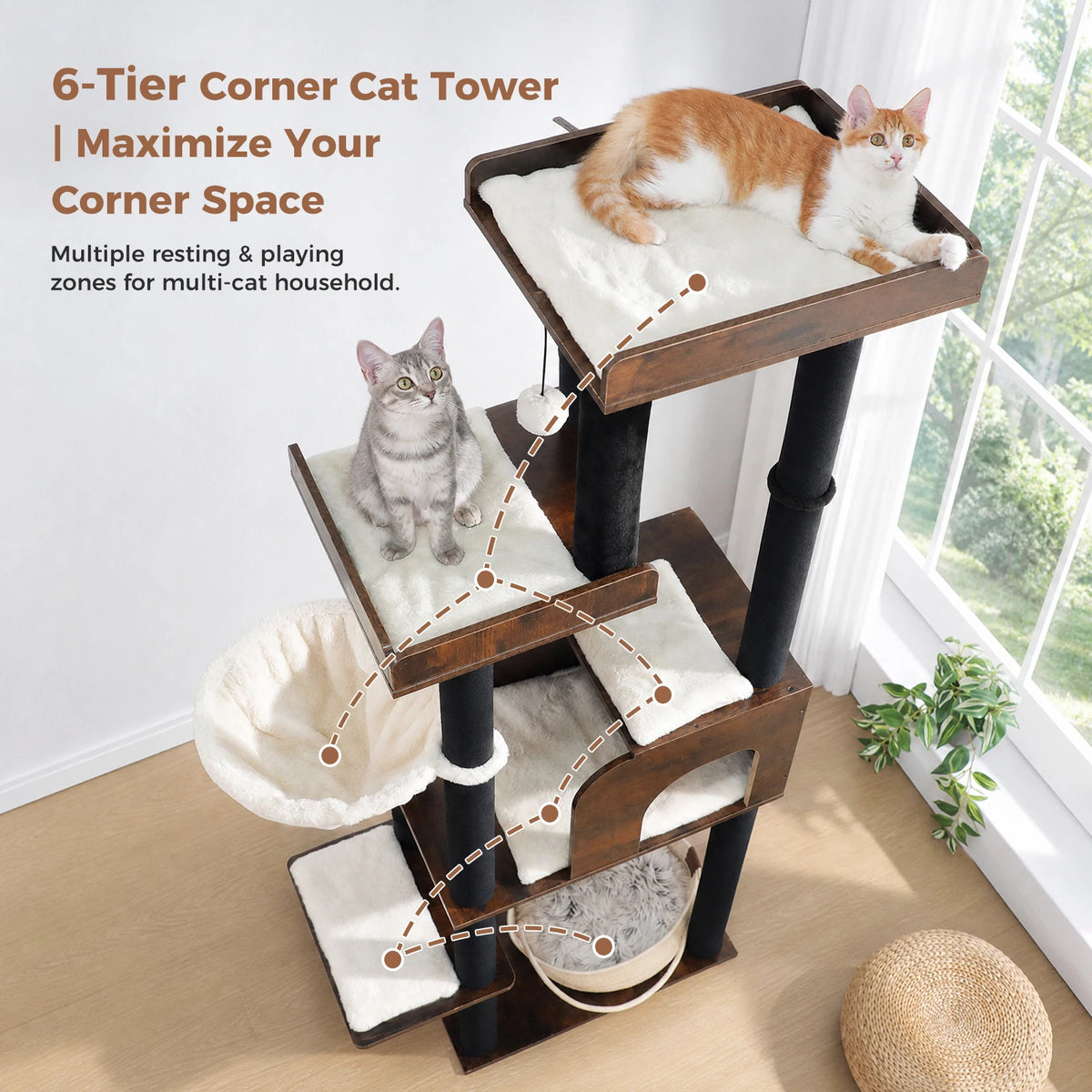 Tall Modern Wood Cat Tree Tower with Detachable Woven Basket Bed
