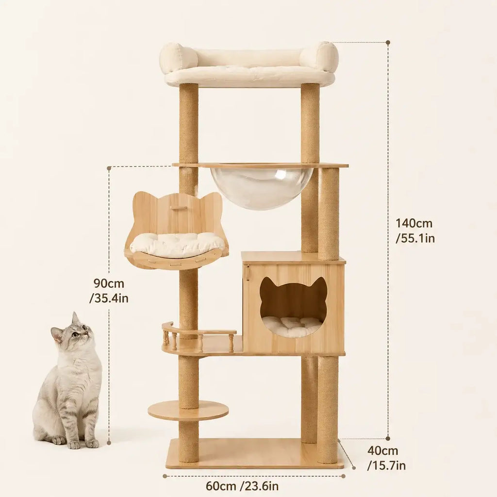 5-Tier 55" Wood Cat Tree Tower with Clear Space Capsule & Hammock