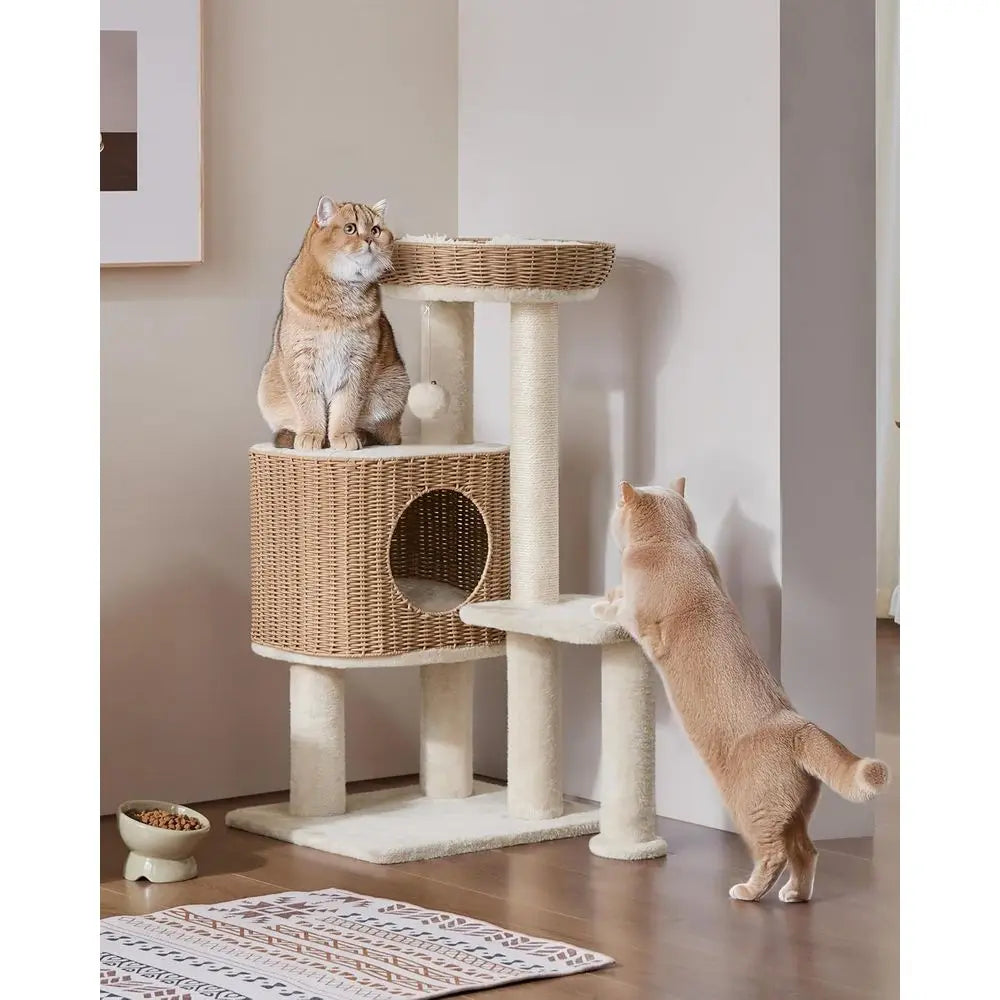 36" Woven Rattan Cat Tree Tower with XL Condo & Elevated Perch