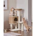 36" Woven Rattan Cat Tree Tower with XL Condo & Elevated Perch