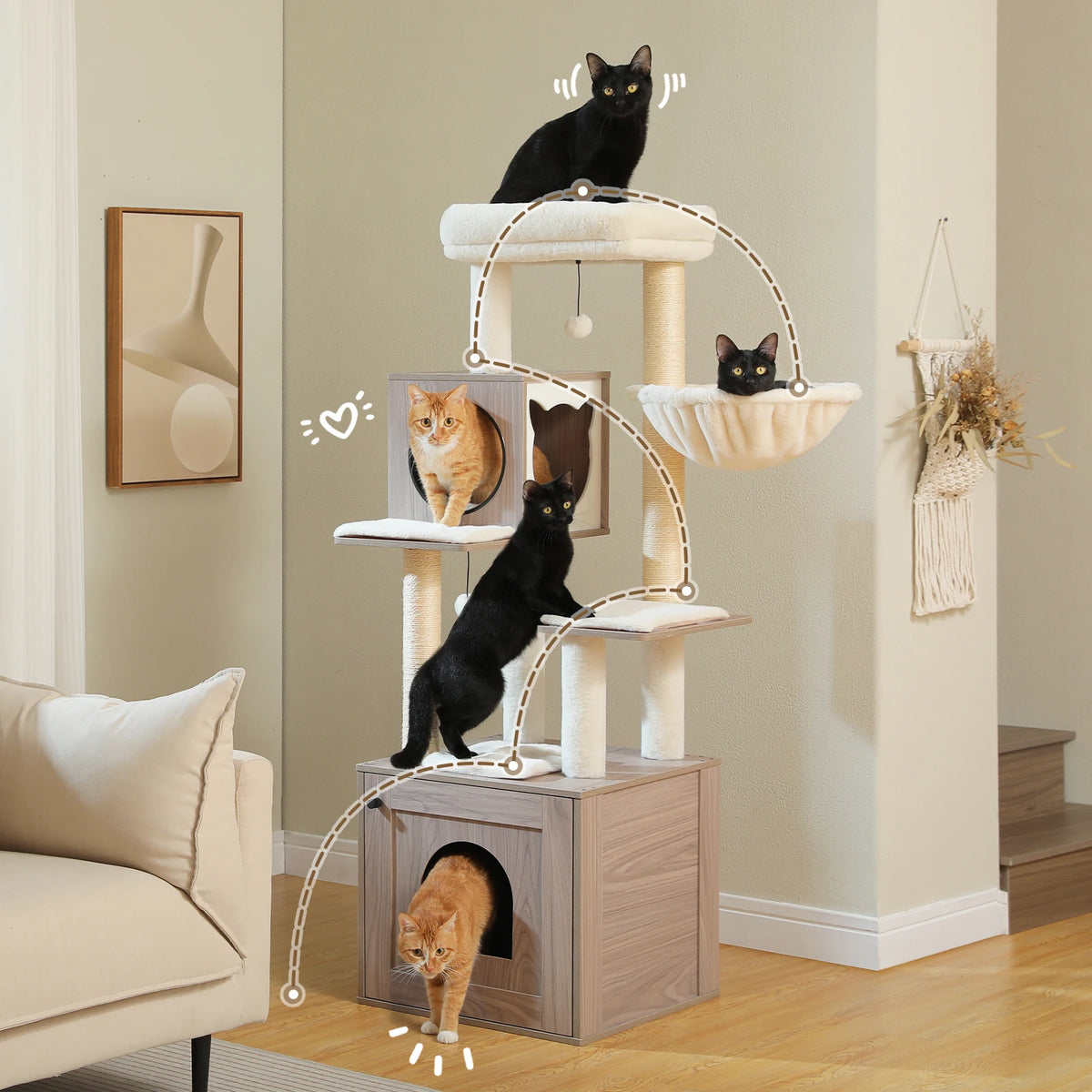 Wood Cat Tree Tower with Storage Cabinet, Condo & Hammock