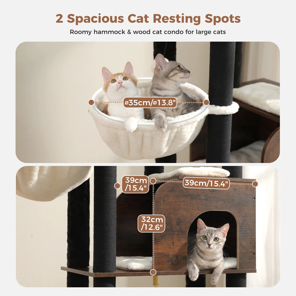 Tall Modern Wood Cat Tree Tower with Detachable Woven Basket Bed